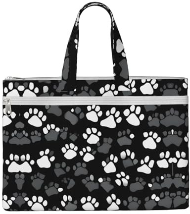 SDEGTHO Black And White Paw Print Zippered Document Bag With Handle For Carrying Paper Files Books Filing Folder