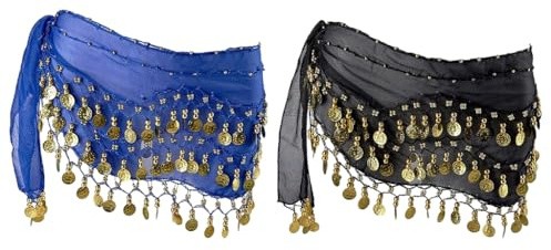 Hitopin 2 Pieces Belly Dance Hip Scarf, Belly Dancing Skirt with 128 Gold Coins, Belly Dancing Skirt Hip Scarves, for Yoga Class, Women, Performance (Black, Blue)