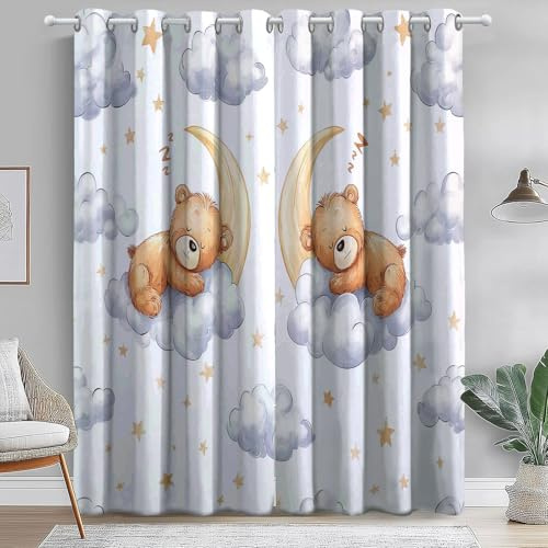 Tende Camera da Letto con Occhielli 140 L x 260 A cm (2 Pannelli), Cartone Animato Orsacchiotto Nuvole Luna Tema Poliestere Tende Oscuranti & Scorrevoli per Salotto Camera dei Bambini Decorare, Bianco