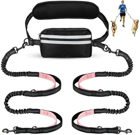 Risipu Correa de perro manos libres para 2 perros, cinturón ajustable con bolsa y soporte de cintura, costuras reflectantes elásticas absorbentes para correr, caminar, trotar (rosa)