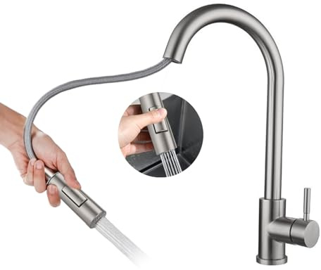 Rubinetto Lavello Cucina, Miscelatore Cucina con Doccetta Estraibile, Acciaio Inox Ad Alta Pressione Orientabile a 360° Monocomando, 2 Modalità