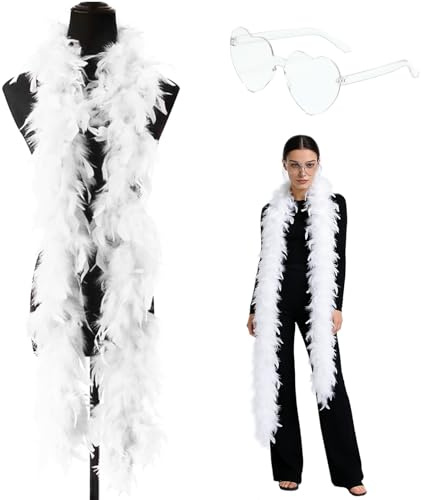 Boa di Piume Bianco, 2 M Boa Piume con Occhiali da Sole, Sciarpe piume boa, Decorazione di boa di piume di Tacchino, per Festa in Abito da Sposa, Carnevale, Halloween