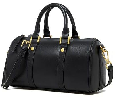 PDSSUNNY Bolso Boston de Piel de Vaca de Curtido Vegetal para Mujer, Bolso de Mano Bowling Vintage con Correa Ajustable, Bandolera Rétro de Cuero Genuino Negro