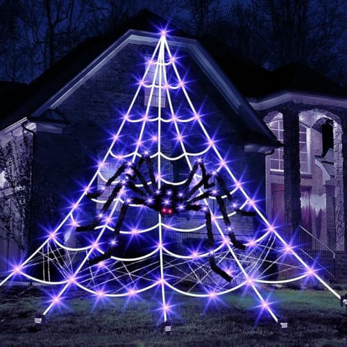 6*5m Tela de Araña Halloween & 1m Araña para Decoracion Halloween Exterior | 200 LED Morados y 8 Modos de Iluminación,Decoración Halloween Interiores Exteriores,Porches,Fiesta de Jardín,Casas Encantadas