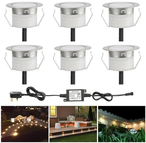 INDARUN Warm White Led Decking Lights Waterproof IP67 1W Ø45MM - Lighting for Terrace/Patio/Path/Wall/Garden/Decoration, 6 Packs