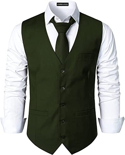PARKLEES Gilet de costume smoking habillé pour homme, style hipster urbain, affaires, formel, coupe ajustée, vert olive, M