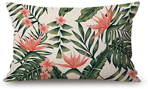 Solekla Throw Pillow Cover Beach Cheerful Tropical Dark Green Leaves of Palm Trees and Flowers Decorative Pillow Case Home Decor 20x12 Inches Pillowcase