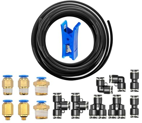 HUAZIZ Pneumatisk PU-slang 4 mm OD 2,5 mm ID, 10 meter svart + 14 snabbkopplingar för tryckluft