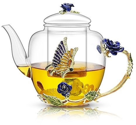 Teekanne aus Emaille-Glas mit Rose, Schmetterling und goldenem Rand, blaue Rosen-Teekanne mit Teesieb und Deckel, Geschenke für Mutter, Frauen, Muttertag, Geburtstag, Weihnachten