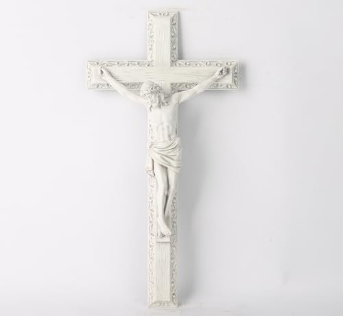 BC Catholic Crucifix Wall Cross, Jesus Christ Wall Decor for Elegant Modern Home, Devout Gift for Youngs, Religious Gifts Home Decor, Grey White Stone Finish 12 H Hand Painted by Buildclassic