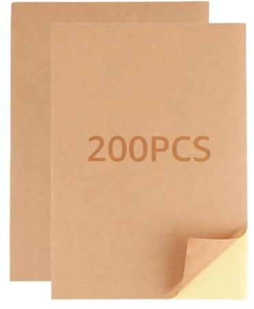 LOLYSIC Carta kraft autoadesiva, 200 pezzi, 210 mm x 297 mm, carta kraft marrone autoadesiva, adatta per la stampa laser