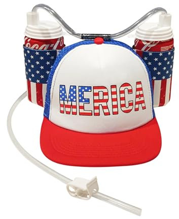 HandinHandCreations USA Merica Drinking Cap Adjustable Size with Straw for Soda or Beverage Guzzler Drink Helmet - America Drinking July 4th Costume - All American Party Gear