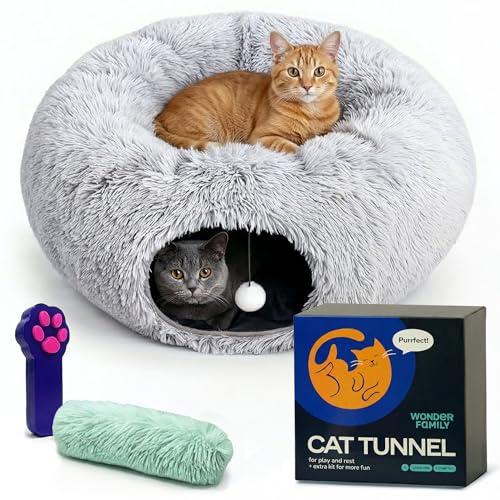 Cat Donut Tunnel Bed - Cat Tunnels for Indoor Cats - XL Plush Circle Hideaway with Cat Toys, 3-in-1 Foldable Playground & Cozy Cave Bed, Gift-Ready House Under Christmas Tree for Ferret, Rabbit, Kitty