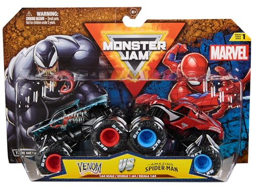 Monster Jam - Pack 2 Coches Juguete Monster Truck Marvel Oficial Escala 1:64 Metálicos: Venom Vs. Spiderman | Coche Juguete | Coches para Niños 3 años o más