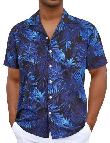 iCKER Hawaiian Beach Shirt for Men - Short Sleeve Floral Classic Print, Casual Regular Fit, Blue TF200, L