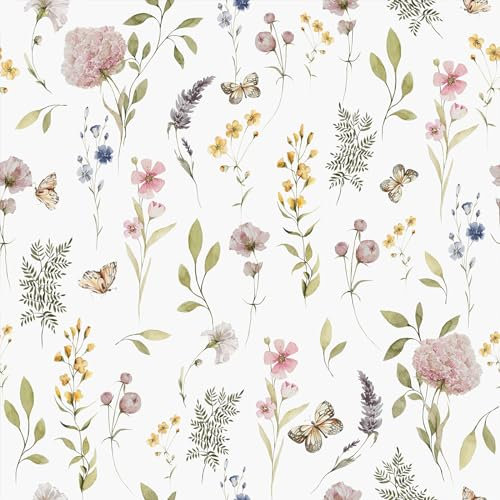 VEELIKE Tapete Blumen Weiß Aquarell Wildblumen Blumentapete Vintage Tapete Blätter Botanisch Mustertapete Fototapete Schlafzimmer Romantik Tapete Wohnzimmer Modern Kinderzimmer Flur 44.5cm×300cm