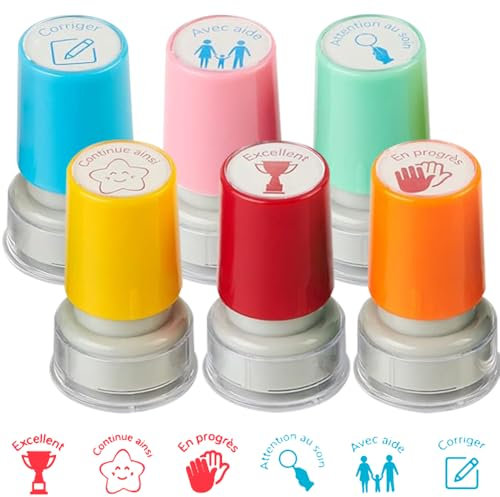 Lotvic Lot de 8 Tampons Enseignants Français, Tampon Encreur Enseignant Français, Tampon-Auto Encreur pour Cadeau Professeur Ecole avec Plastique Boîte pour Encourager Élèves, Multicolore (6)