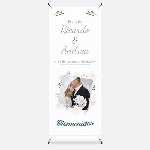 Photocall Bodas 70x180cm Personalizable con Foto y Texto – Cartel Bienvenida Boda – Pancarta Personalizada con Estructura para Decoración Boda - 2 Modelos a Elegir (Modelo 1)