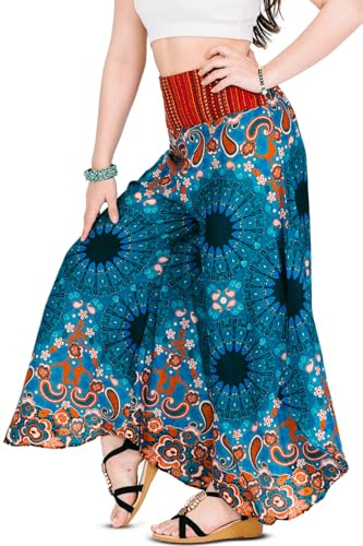 YOUR COZY Summer Outfits for Women Rayon Wide Leg Pants Palazzo Pants with Cotton Knitting Hill Tribe Decoration (Turquoise Peacock Tail_L)