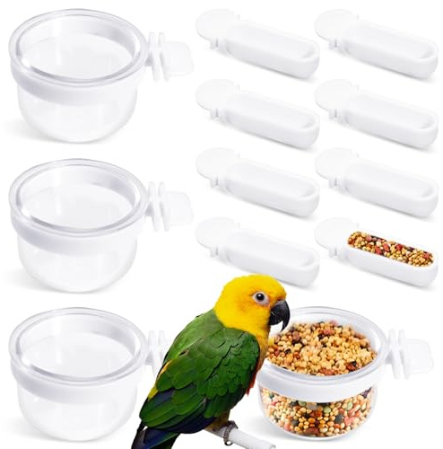 4 Pcs Small Bird Detachable Transparent Bowl with 8 Pcs Small Food Cups, Parrot Plastic Food Feeder Convenient Hanging Food Cups for Canary Finch Parrot (Transparent)