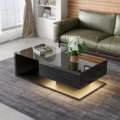 Merax Wohnzimmertisch, LED Couchtisch mit Schubladen, Hochglanz Kaffeetisch mit Stauraum, Modern Coffee Table, 105L x 55B x 32,5H cm, Schwarz