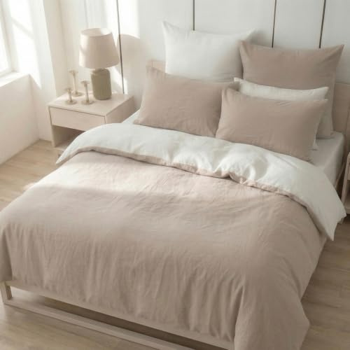 Nesture Juego de ropa de cama de 200 x 200 cm, algodón beige/blanco, 3 piezas, suave, 100% algodón lavado, incluye 1 funda nórdica de 200 x 200 cm y 2 fundas de almohada de 80 x 80 cm con cremallera