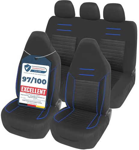 Upgrade4cars Fundas Asientos Coche con Reposacabezas Incorporado Universales Negro Azul | Cubre Universal | Protector de Asiento Delantero para Delantero y Trasero