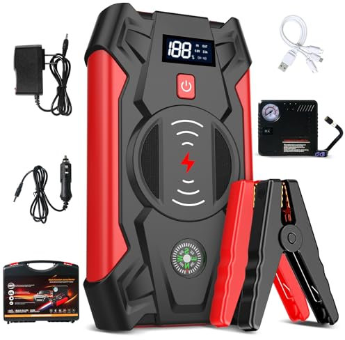 HyAdierTech Avviatore Batteria Auto,1800A Booster Avviamento, 12V Avviatore Emergenza per Auto,Jump Starter con Torcia a LED, Compressore Aria Portatile, per 6.0L Gas/ 4.0L Diesel