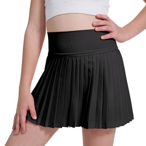 zffriction Flickor veckade tenniskjolar med shorts fickor elastisk midja golfkjol barn atletiska shorts för sport löpning, Svart, 4-5 år