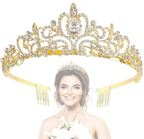 Tiara Corona di Cristallo,Tiara Matrimonio Sposa in Cristallo Coroncina Corona di Strass Argento Strass Diadema con Donne e Ragazze Matrimonio Compleanno Festa Decorazioni (Oro)