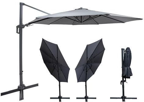 Onids24 Grand parasol de jardin déporté en aluminium de 345 cm avec manivelle, rotatif à 360 °, inclinable à 90 °, réglable en hauteur en continu, tissu PE UV80+, résistant aux intempéries pour