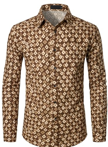 PARKLEES Chemise boutonnée à manches longues en coton et lin pour homme Motif traditionnel rétro années 70, café, L