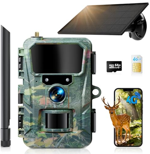 WOLFANG 4G/LTE Wildkamera Solar, 2K 48MP Live Übertragung Wildkamera mit Handyübertragung App, 5200H mAh Akku, Wildtierkamera mit Nachtsicht Bewegungsmelder mit 64G Speicherkarte IP66 Wasserdicht