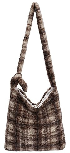 CORIOS Tartan axelväska kvinnor lammull handväska mjuk plysch crossbody väska vintage topp handtag väska stor messengerväska, Khaki, Large