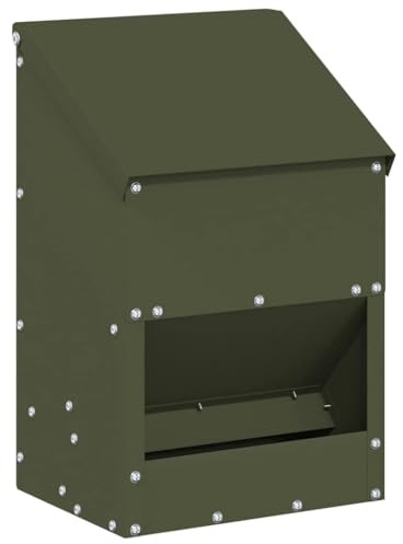 Mangeoire à poules en acier laminé à froid - 21 x 16 x 33 cm - Distributeur de nourriture robuste pour volaille - Mangeoire automatique résistante aux intempéries - Capacité de 3 kg - Vert olive