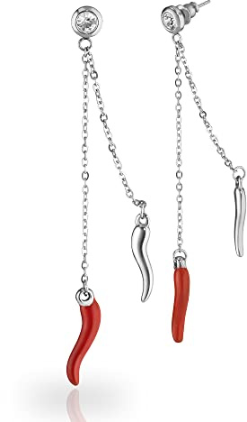 inSCINTILLE Boucles d'oreilles pendantes en acier inoxydable avec corne de piment et point de lumière en zircon cubique