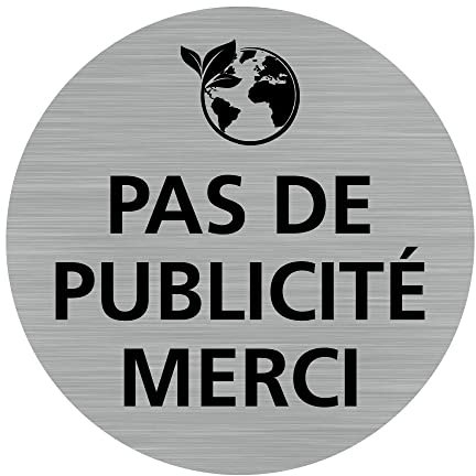 Lot de 2 pictogramme Pas de publicité Merci (Q0455). Autocollant souple effet alu brossé - Diamètre 83 mm