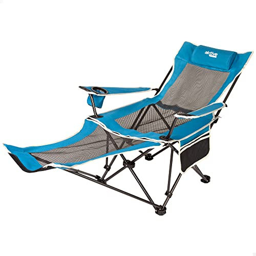 Aktive 63001 - Tumbona plegable camping, silla tumbona con almohada y posavasos, capacidad 1 persona, soporta 150kg, tumbona jardín exterior antivuelco