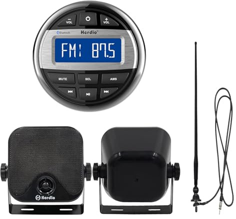 Herdio Marine Radio Package- IPX6 Receiver Compatible with Bluetooth, 1 Pair 4 Inch Marine Speakers, AM FM Antenna for Boat ATV UTV (Black)