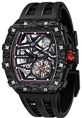 TSAR BOMBA Automatic Men's Watch Mechanical Skeleton Watches for Men 50M Waterproof Luxury Tonneau Design Analogue Wristwatch Square Stylish Sports Silver Stainless Steel Silicone Strap Gift for Men