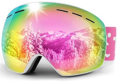 Trusiel Gafas de Esquí, Gafas Esqui Snowboard Nieve OTG, Ajustable Anti-Niebla Protección UV Gafas Esquí para Hombre Mujer Compatible con Casco para Esquiar Deportes de Invierno (Rosa (VLT 21%))