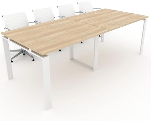 Mesa con Estructura metálica Marco Abierto Blanco de 240x100, con pata retranqueada y Tablero melaminado Ideal para Sala de Juntas, reuniones, conferencias (Acacia)