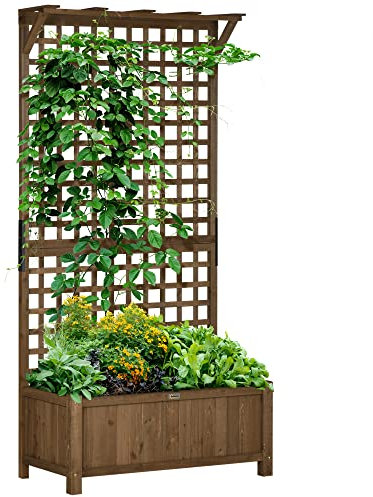 Outsunny Wood Planter with Trellis for Climbing Plants, Raised Bed, Planter Box with Drainage Holes to Grow Vegetables, Herbs and Flowers for Garden, Patio, Yard, Brown