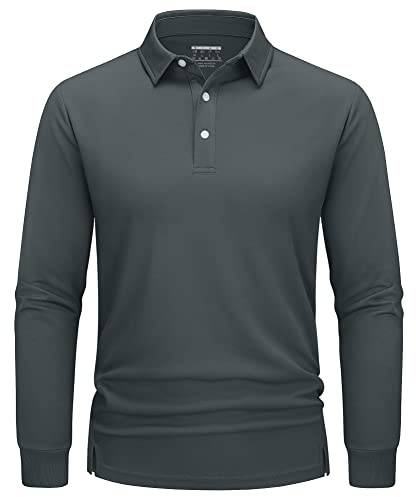 TACVASEN Polo para hombre de manga larga de golf de secado rápido, camisas funcionales Camiseta ligera con solapa de 3 botones, Gris Oscuro, L