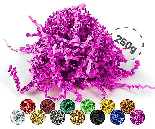 Förpackningwelt Fyllningsmaterial 250 g | Strimlat papper för presentlådor och paket | Tillverkad i Tyskland | dekoration och skydd | förpackningsmaterial och tillbehör för presenter | rosa