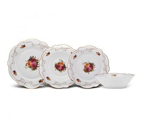 Karaca Antique Plates and Bowls Set for 6 People, White Dinner Set, Complete Kitchen Tableware Collection, Colourful Flower Design, Bone China, 24 Piece