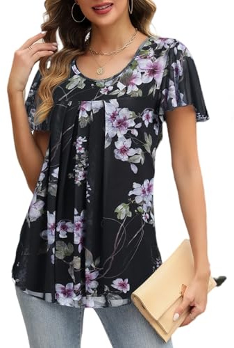 Zeagoo Blouse en Chiffon pour Femme Manches Courtes à Fleurs Tunique Élégante Blousons Plissés Hauts d'Été à Double Couche Longshirt Col Rond Blouse Décontractée PAT1 XXL
