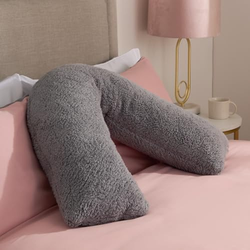 OHS V Pillow Teddy Fleece Grey, Support Pillow for Sleeping Relaxing Super Soft Warm Comfy Pillow Cuddle Cushion Orthopaedic V Shape for Bed Sofa, 80 x 60 x 25cm