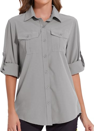 Tuopuda T- Shirts Été Haut Femme Chemisier de Travail Tops Décontractés Ample Veste Sport Anti-UV Outdoor Cool Pêche Randonnée Camping Voyage Cache-Maillots Séchage Rapide, Gris, M