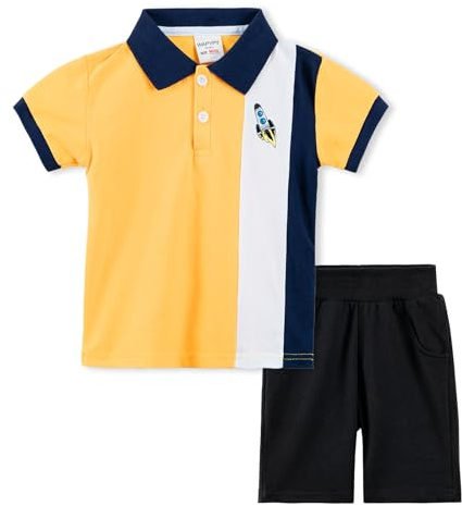 Volunboy 2-delat set med babykläder, sommarkläder, outfit, kortärmad pikétröja, topp + shorts, klädset för pojkar, GUL, 5-6 År